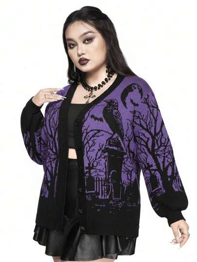 Goth Cardigan color block con vestibilità ampia e stampa gotica horror con corvo, pipistrello, luna, cimitero, ramo d'albero e pianta, taglie forti