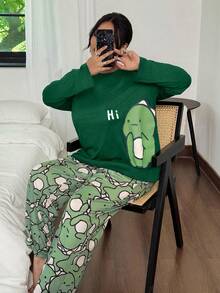 SHEIN 大码可爱恐龙印花长袖上衣和裤子睡衣套装，绿色睡衣套装，秋冬服装 - 墨綠色 - 查看 1