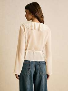 Poéselle Women's Solid Color V-Neck Ruffle Trim Raglan Sleeve Casual Elegant Blouse, Wrap Tops For Women, White Blouse, Ruffle Blouse ,Sheer Tops For Women