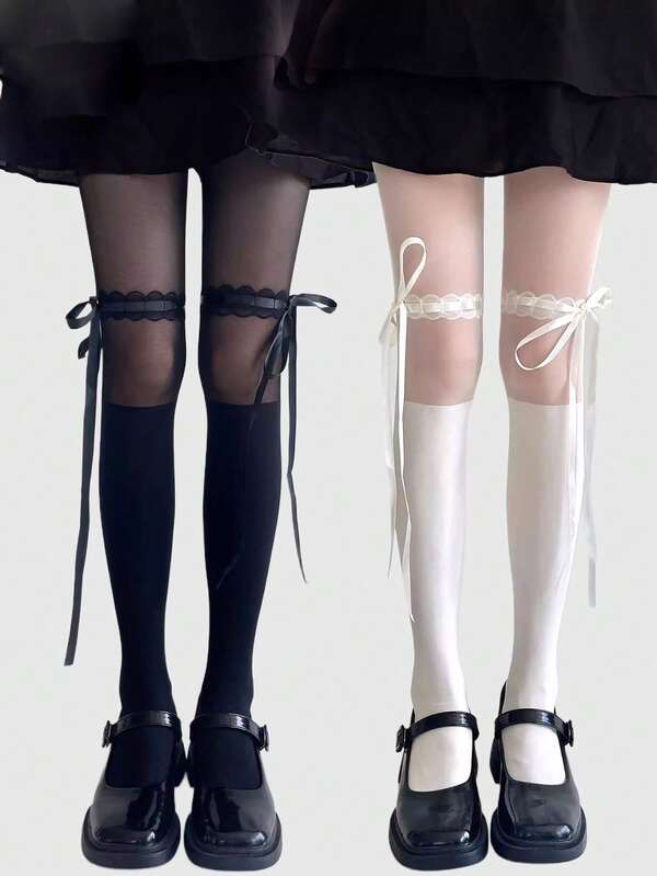 ROMWE Grunge Punk 1 par de medias con estampado de esqueleto sexy, pantimedias de color negro sólido de estilo minimalista Y2K, leggings transparentes súper delgados y elásticos