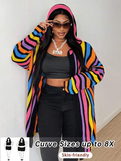 SHEIN CURVE+ Plus Size Women Cardigan Sweater, Hooded Colorful Rainbow Striped Contrast Color Fashion Knitted Outerwear
