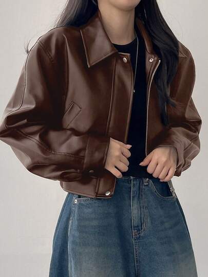 DAZY Women's Solid Color PU Leather Long Sleeve Zip-Up Casual Jacket, Autumn Women Coats