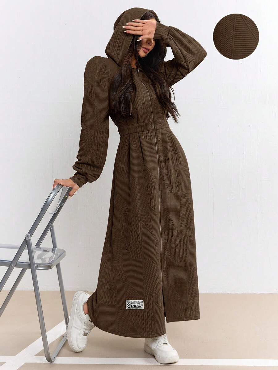 Modelyn Women's Solid Color Hooded Raglan Sleeve Zip-Up Pleated Long Dress - Coffee Brown - View 1