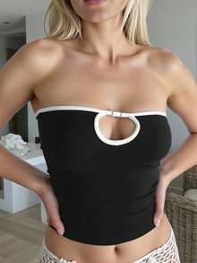 SHEIN Essnce 女士撞色拼接镂空简约修身休闲吊带背心 - 黑色 - 查看 1