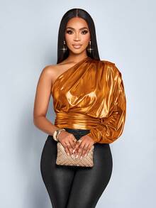 SOLERSUN " 女士单肩褶皱长袖衬衫，长袖上衣，适合派对上衣，音乐节上衣 " - 橘色 - 查看 7