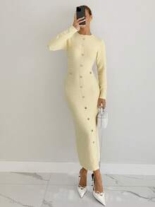 Siren Gaze Women's Soft Yellow Autumn Elegent Work Knit Dress,Round Neck Long Sleeve Metal Button Design Fitted Ribbed Dress,Solid Color Winter White Dress - White - View 4