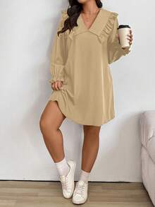 EMERY ROSE Vestido holgado de mujer talla grande con cuello Peter Pan, mangas con volantes y unicolor elegante, romántico y lindo, para primavera/otoño - Albaricoque - Ver 5