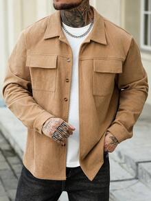 Manfinity Homme 大码男士纯色长袖单排扣休闲实用口袋夹克，秋冬 - 駝色 - 查看 5