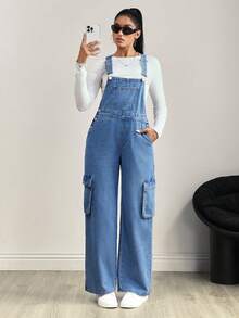 SHEIN Tall Women's Casual Versatile Denim Bib Pants And Jumpsuit - Medium Wash - View 4
