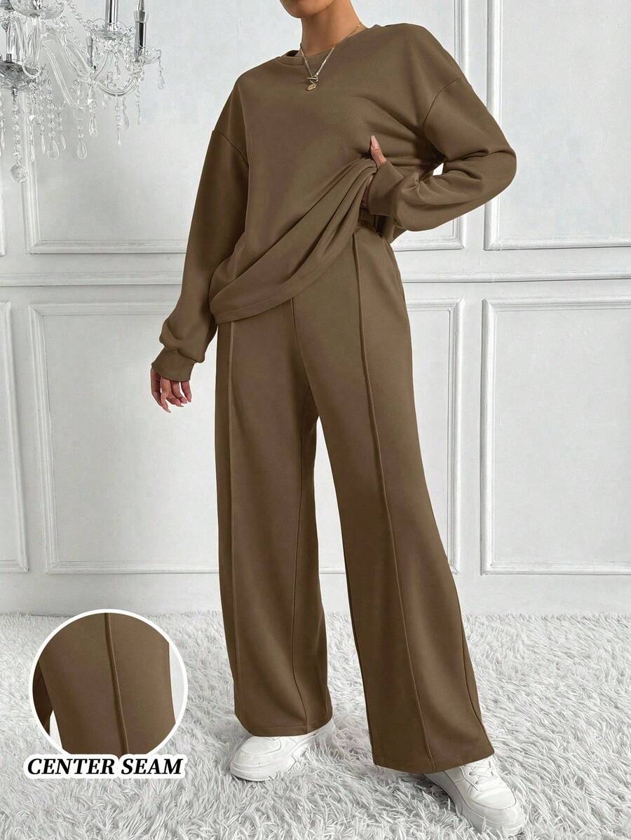 SHEIN Tall 女士两件套极简主义街头运动服，圆领上衣和阔腿运动裤套装，2025 秋季新品，两件套超大宽松纯色圆领运动衫和运动裤套装，男女通用休闲高街运动服，2025 春秋季 - 卡其色 - 查看 1