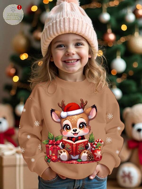 Casual Minimalist Christmas Cute Cartoon Deer Reading Book Pattern Loose Fit Crew Neck Comfortable Everyday Knit Long Sleeve Sweatshirt, Suitable For Autumn/Winter