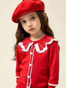 Elladie kids 年轻女孩优雅黑色珍珠装饰领毛衣 + 阔腿裤套装，柔软针织面料适合日常、外出、旅行、度假、居家、日托、学校、派对穿着 - 紅色 - 查看 7