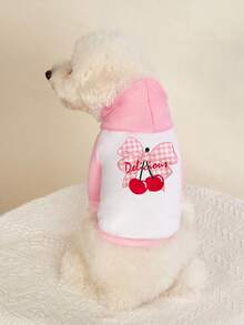 PETSIN 1 pieza Sudadera con capucha para mascotas con estampado de carta de cereza con lazo rojo para el Día de San Valentín, de patchwork rosa, blanco, gruesa y cálida para otoño e invierno, a prueba de viento para el hogar