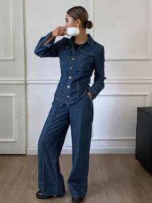 Livesso 秋冬新款宽松休闲都市风女牛仔两件套 - 藍色 - 查看 5