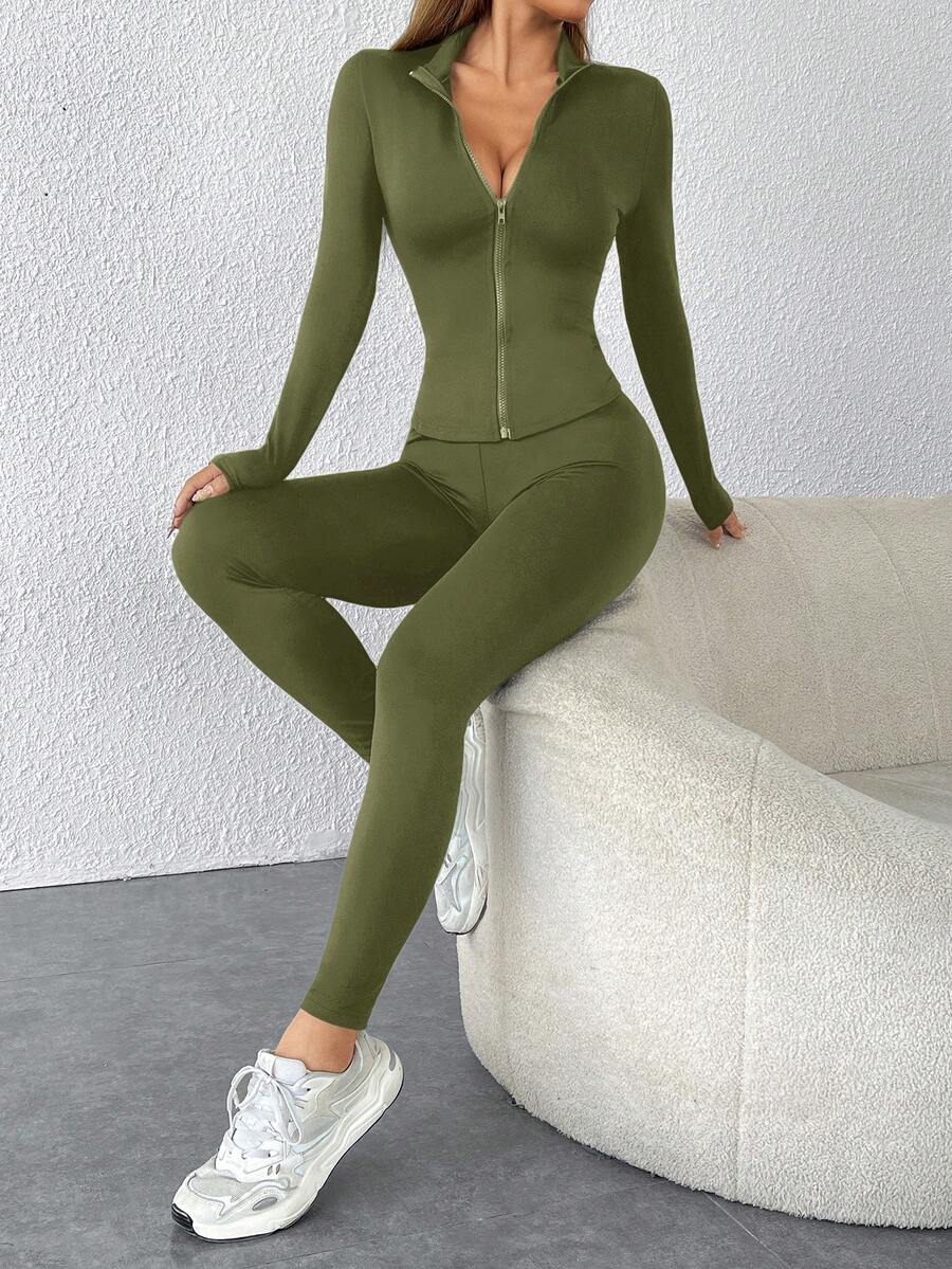 SHEIN PETITE 黑色两件套运动服拉链夹克和紧身裤 - 軍綠色 - 查看 1