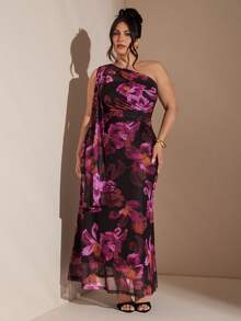 SHEIN BAE 大码优雅派对花卉印花连衣裙 - 黑色 - 查看 3