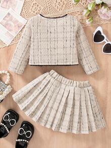 SHEIN 2 件套女婴秋冬时尚服装，韩式开衫夹克，带丝带口袋装饰和百褶裙，优雅公主裙，适合派对、生日 - 杏色 - 查看 2