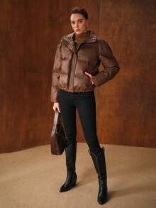 MOTF PREMIUM 拉链立领夹棉大衣 - 棕色 - 查看 5