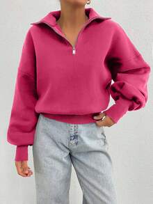 EURMUSE 100% Cotton Collar With Zipper Pattern Oversize Sweatshirt - Pink - View 8