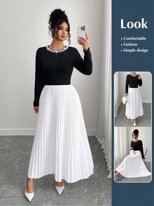 Elenzga Plus Size Women's Beaded Round Neck Long Sleeve Pleated Contrast Color Dress Fall Cloth For Women - Black and White - View 1