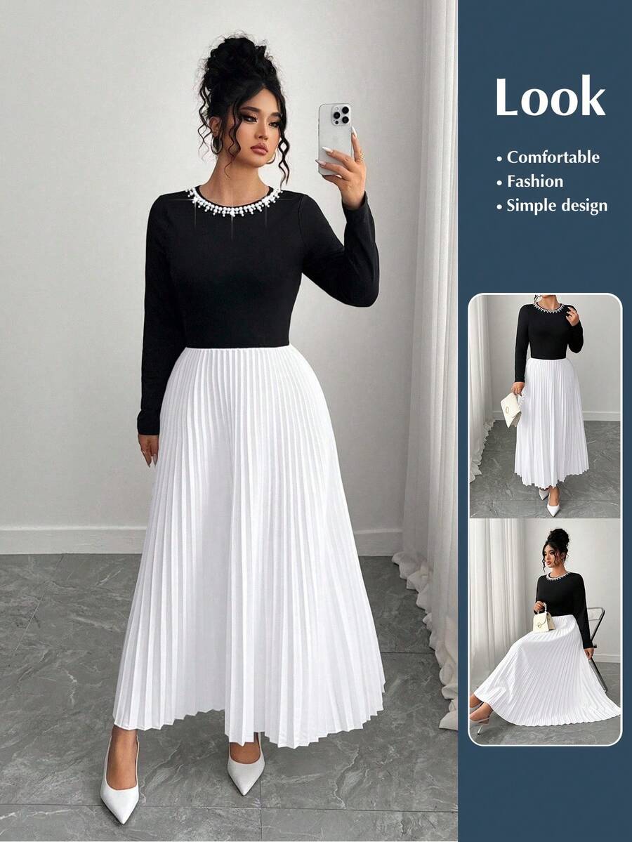Elenzga Plus Size Women's Beaded Round Neck Long Sleeve Pleated Contrast Color Dress Fall Cloth For Women - Black and White - View 1