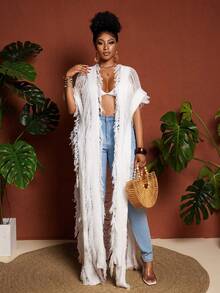 Maweii Suéter de mujer talla grande, moda femenina, cardigan elegante blanco extra largo con flecos y calado para vacaciones