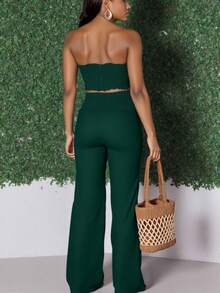 SHEIN LUNE Conjunto de 2 piezas de top tubo acortado con pliegues y pantalones de pierna ancha de unicolor para mujer - Verde Oscuro - Ver 2