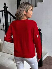 LanaWest Áo len dệt kim dáng rộng thêu hoa thanh lịch dành cho nữ, thích hợp cho ngày lễ tình nhân - Đỏ - Xem 2