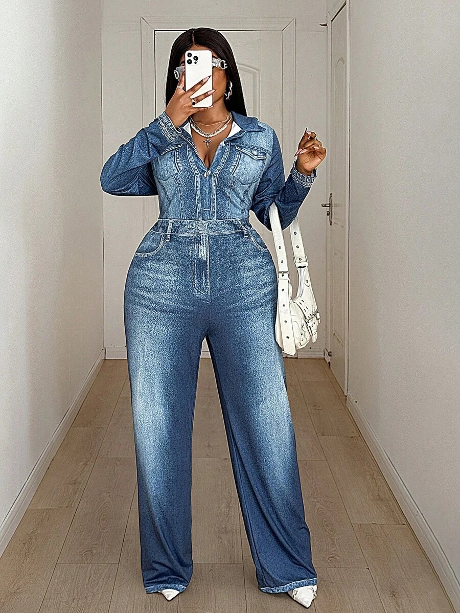 Maweii Bộ đồ liền thân tay dài in họa tiết denim cỡ lớn dành cho nữ - Màu xanh lam - Xem 1