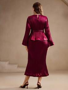 Anewsta Autumn/Winter Burgundy Vintage Ruffle Hem Pleated Plus Size Women's Mid-Length Dress - Burgundy - View 2
