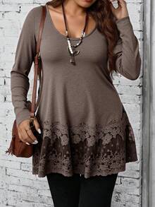 Rusticease 大码女式灰色圆领长袖撞色蕾丝下摆乡村风T恤，适合秋冬季穿着，舒适保暖，乡村风格，适合乡村音乐会，棕色上衣 - 棕色 - 查看 3