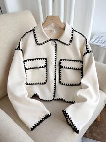 SHEIN Teen Girls Casual Two-Tone Edge Trim Short Jacket, Autumn Short Cardigancrop Cardiganblack And White Jacketcardigan White,White Solid Jacket, Back To School Season, Warm Winter Jacket, Girls Jacket - Apricot - View 3