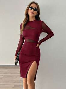 Glamine Fashionable Mesh Patchwork Cutout Hem Slit  Red Elegant  Dress For Women - Burgundy - View 4