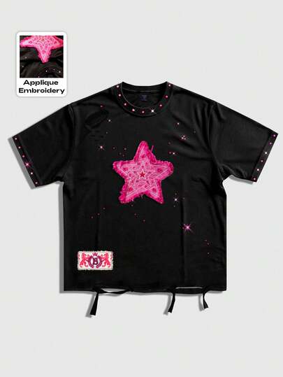 Street Life Camiseta gráfica para hombre con aplicaciones de strass y efecto desgastado, estilo punk callejero