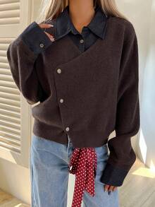 Livesso Áo khoác cardigan cổ bẻ màu nâu thường ngày cho nữ, mùa thu - màu nâu - Xem 3