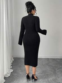Modelyn Plus Size Solid Color Hollow Out Fitted Elegant Long Sleeve Phoenix Fleece Sweater Dress - Black - View 2