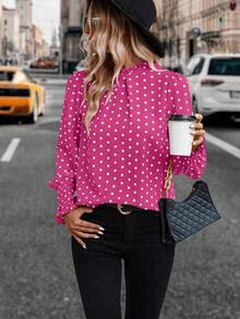 SHEIN Clasi Polka Dot Print Retro Mandarin Collar Long Sleeve Shirt - Hot Pink - View 3