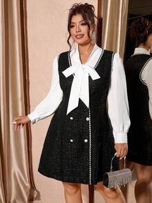 Cravure Plus Size Women's Spring/Autumn Elegant Knotted Collar Lantern Sleeve Loose Shirt And Contrast Ribbon Double-Breasted Cardigan Vest Dress 2 Pieces Set - Black and White - View 1