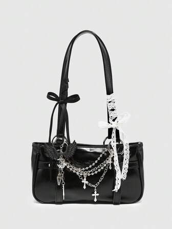 Goth Bolso de hombro con detalle de cadena de cruz gótica vintage para mujer, con decoración de cruz, diseño de nicho de moda, estilo steampunk y gótico, bolso ideal para uso diario, festivales de música, conciertos, estilo rock, escuela, moda de los 2000, Halloween, fiesta de disfraces y moda gótica. Un gran regalo de Halloween para mujeres.