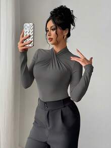 Firerie Elegant Modern Sexy Fashionable Christmas Casual Homewear Versatile Red Ruffle Collar Bodysuit,Fall,Fall Clothes For Women - Dark Grey - View 6