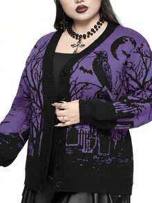 ROMWE Goth 哥特式恐怖乌鸦、蝙蝠、月亮、墓地、树枝和植物印花加大码宽松拼色开衫，加大码 - 紫色 - 查看 4