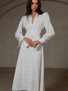 Aveloria Rosie Vestido de manga larga con cintura anudada y estampado de puntos de agua aleatorio, de estilo europeo y americano, para otoño/invierno