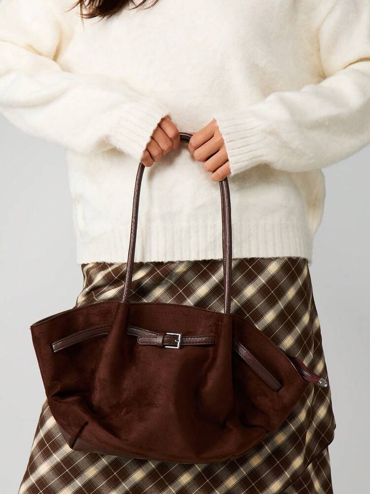 MISSGUIDED Luxurious Suede Tote Bag With Belt Detail And Dual Handles For Everyday Elegance