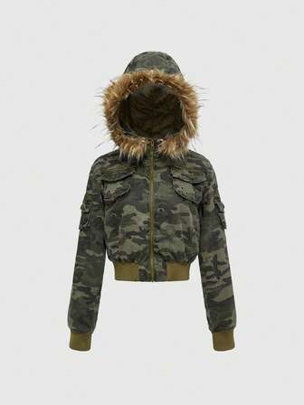 Y2K Kpop Vintage Sexy Camouflage Padded Short Fitted Padded Coat