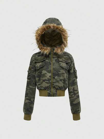 Y2K Kpop Vintage Sexy Camouflage Padded Short Fitted Padded Coat