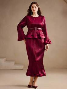 Anewsta Autumn/Winter Burgundy Vintage Ruffle Hem Pleated Plus Size Women's Mid-Length Dress - Burgundy - View 4