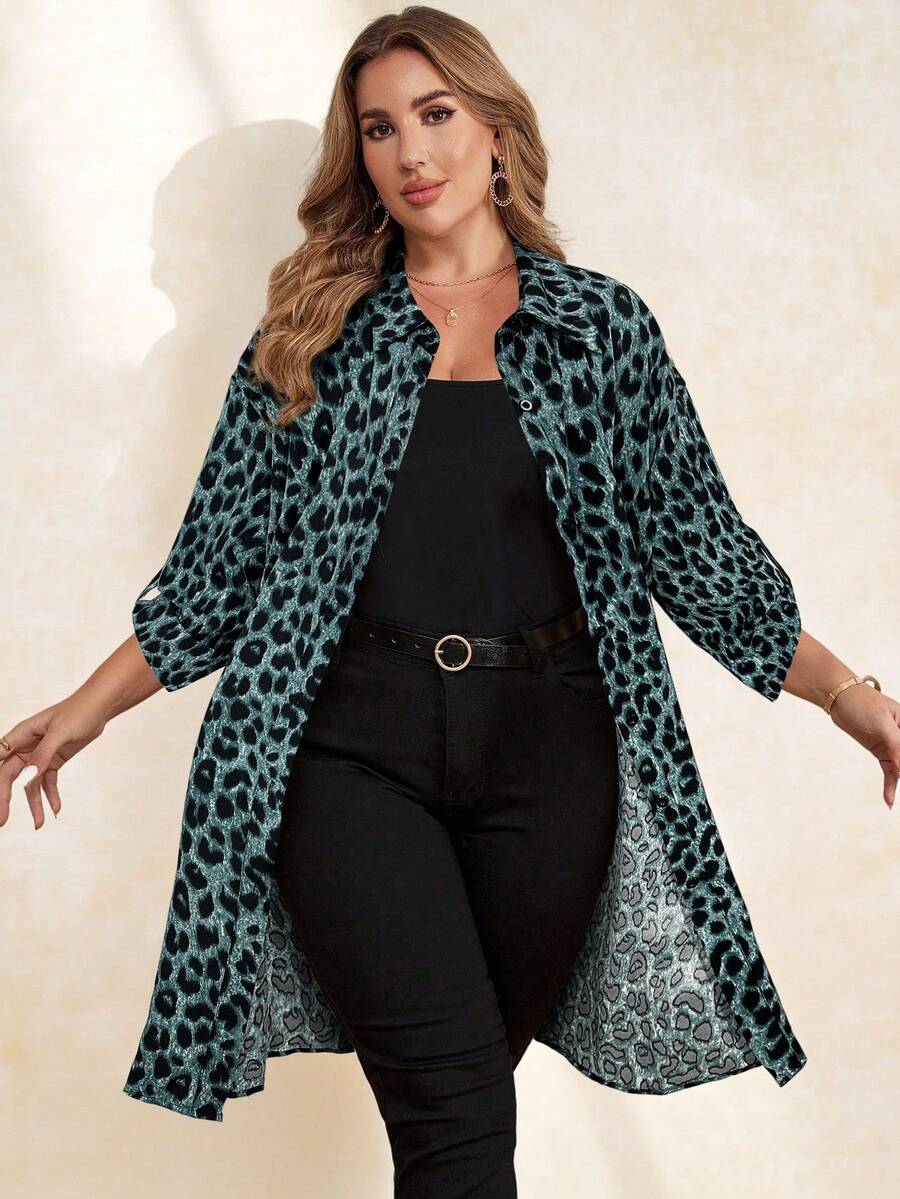 SHEIN Clasi Áo sơ mi tay dài cài nút họa tiết da báo cỡ lớn dành cho nữ, phù hợp để đi làm, mùa thu - Màu xanh Bạc hà - Xem 1