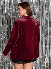 Ellevyn Plus Size Elegant Velvet Blazer With Pockets, Suitable For Parties And Events, Autumn/Winter Halloween Costumes - Burgundy - View 3