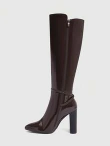 CUCCOO SZL 女士时尚英伦风骑马靴，性感尖头搭扣粗跟修身高筒过膝礼服靴 - 咖啡棕 - 查看 9