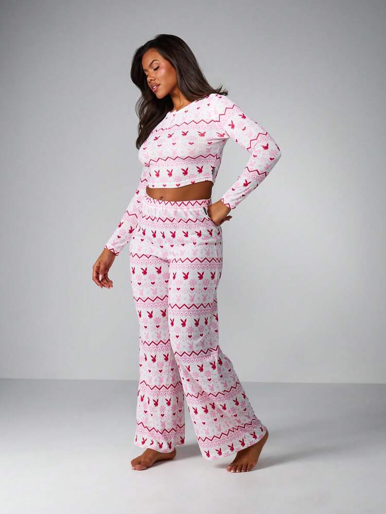 Missguided x Playboy Christmas Fairisle Print Pointelle Henley Wide Leg Lounge Set